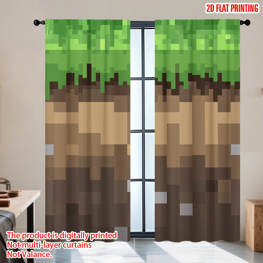 Home Decor Youtube Videos - 2pcs Pixel Earth Blocks Curtains, Retro