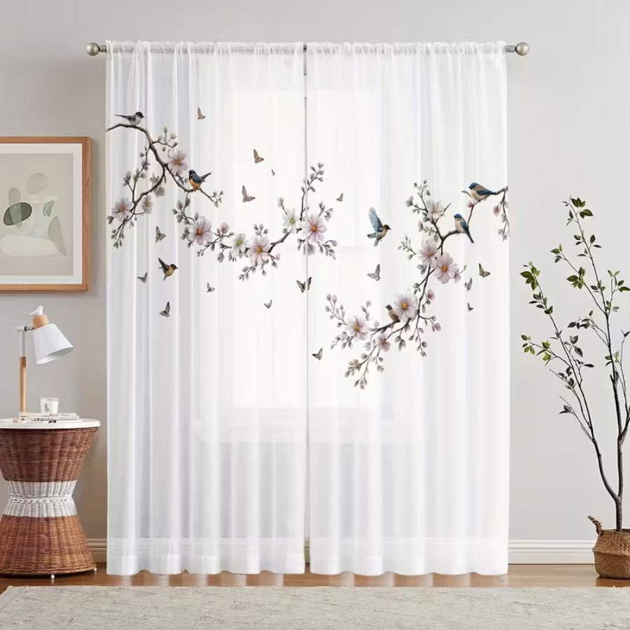 Home Decor Wall Panels - 2PCS Digital Print Sheer Curtain, Flower