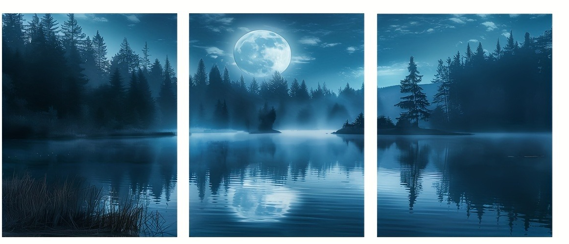 Home Decor Wall Panels - 3 Panels Moon Forest Lake Canvas