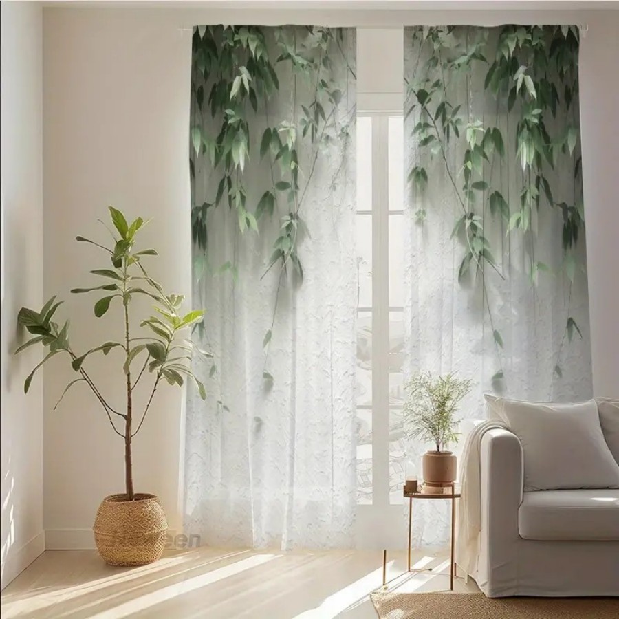 Home Decor Wall Panels - 2PCS Digital Print Sheer Curtain, Green